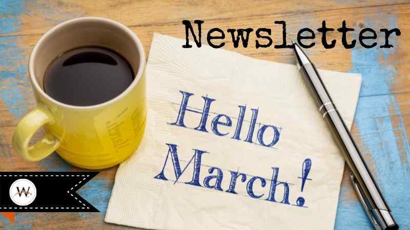 Newsletter poster with coffee cup and "Hello March" on paper